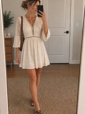 Beyond the Rack Cream Crochet Lace Bell Sleeve Dress Womens M Boho